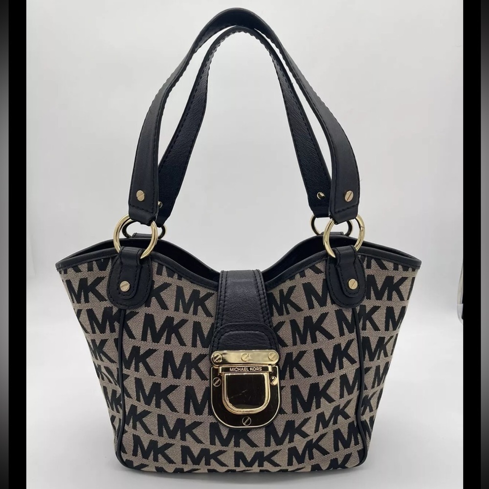 Michael Kors Jet Set Travel Canvas Logo Tote Bag Gold Hardware-Leather Purse